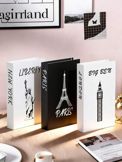1pc 12-Style Famous City "Paris, London, New York" Decorative Book Box, Fashionable International Style Black And White Space Filler Decor, Suitable For Home Decor, Living Room Tabletop, TV Cabinet Styling, Bookshelf/Storage Rack/Shelving Decoration