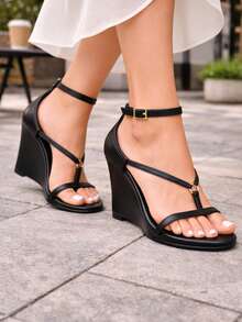 So Me Lolli Open Toe T-Strap Wedge Sandals With Buckle Strap - 黑色 - 查看 1