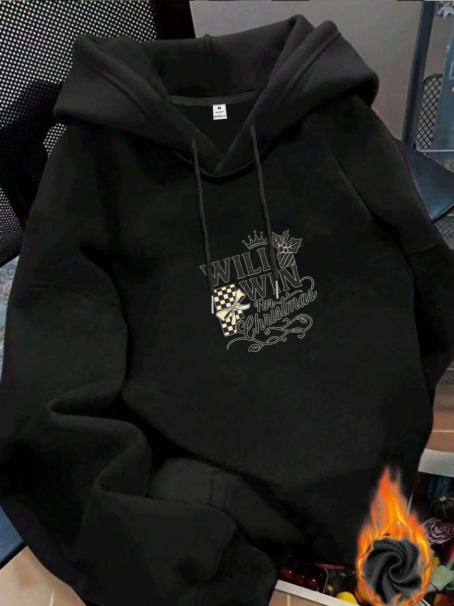 Women's Loose-Fitting Long-Sleeve Hoodie With Christmas Crown Design, A Great Gift Choice - Black - View 1