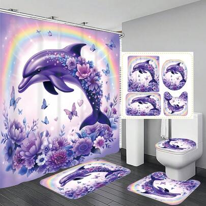 1pc/4pcs Purple Dolphin, Floral, Rainbow Pattern Multifunctional Bathroom Decor Shower Curtain Set, Free 12 Hooks Included, Elegant Holiday Atmosphere, Bathroom Mat, U-Shaped Toilet Mat And Round Toilet Mat, Suitable For All Scenarios Bathroom Set