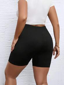 Women's Plus Size Black Print And Wings Print High Waist Casual Cycling Shorts, Stretchy Slim Fit Shorts For Lounge And Outdoor Vacation, Machine Washable, Spring/Summer/Fall - 黑色 - 查看 2