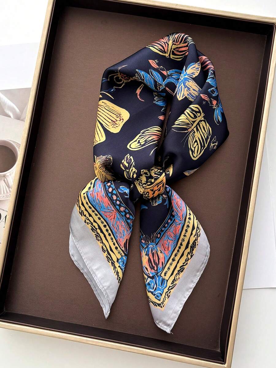 1pc Women's Spring New Satin Bandana Scarf, Bee Print Versatile Hair Accessory, Suitable For All Seasons, Ideal Gift For Friends, Valentine's Day Or Beach Accessories,Holiday - Black - View 1