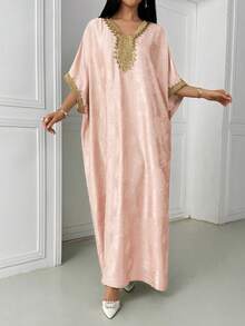 Women's Bat Decor Elegant Abaya Robe Pink - Pink - View 3