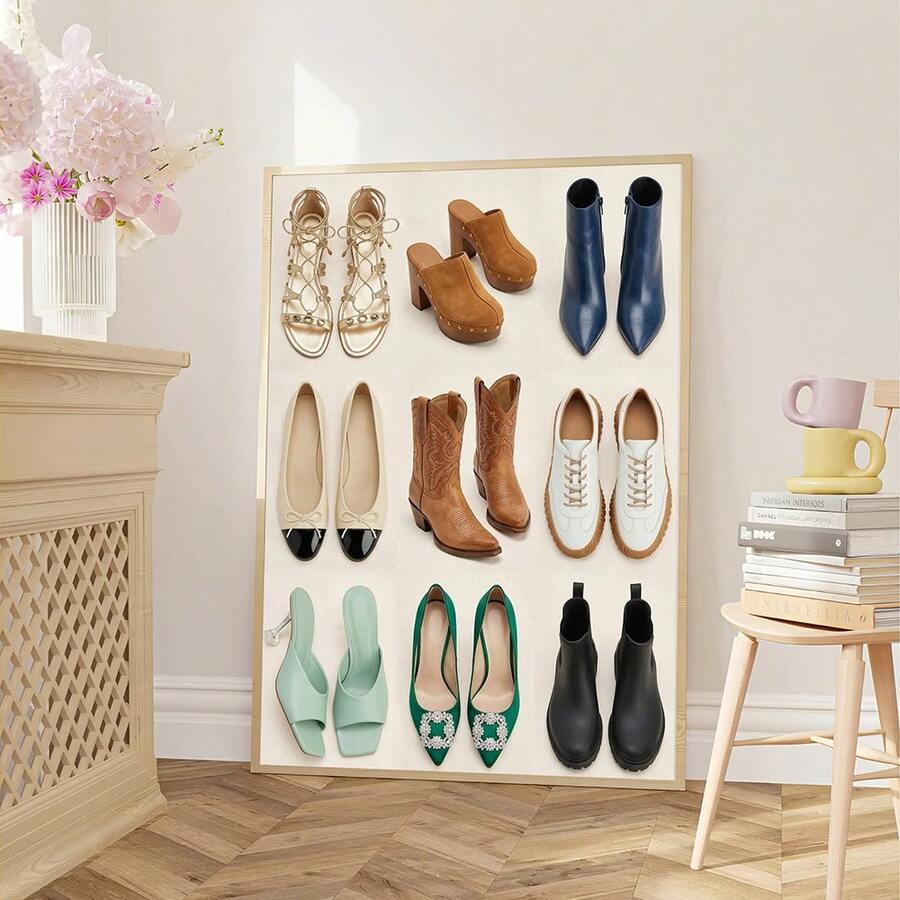 1幅黑白复古高跟鞋墙面艺术帆布画，复古高跟鞋海报，奢华鞋履装饰，北欧风格高跟鞋装饰，适用于客厅、卧室、办公室，可作礼物，带框或不带框 - 彩色 - 查看 1