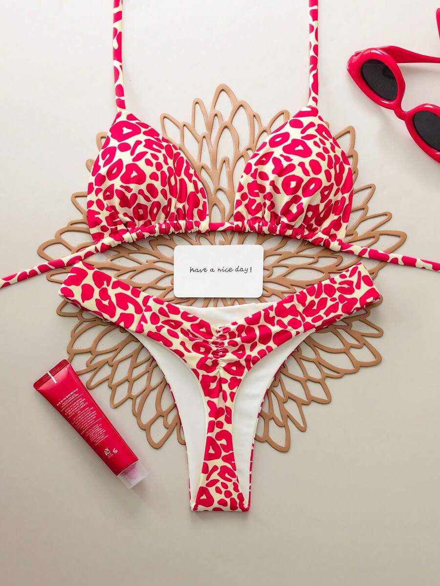 2pcs/Set Leopard Print Sexy Lace-Up Backless Swimwear Bikini, Suitable For Vacation, Beach, Stage Performance & Concert In Summer - Hot Pink - View 1