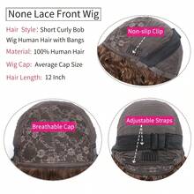 Women's Glueless Human Hair Wig Suitable For Hair - Highlight P4/27 Curly Bob With Bangs, 200% Density Machine-Made Rose Net Wig, Wear & Go Water Wave Bob Wigs For Daily, Party, Valentine's Day ( Volume) - P427 - 查看 7