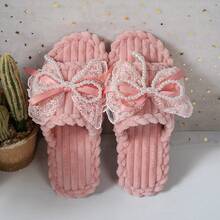 女士优雅蝴蝶结布艺珍珠DIY公主风拖鞋，适合居家穿着，春夏皆宜 - 粉色 - 查看 5