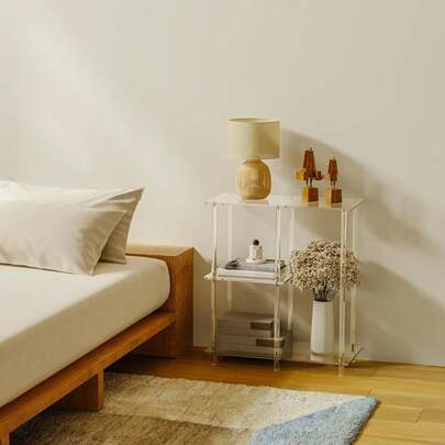 طاولة جانبية شفافة مكعبة من الأكريليك، مناسبة للمساحات الصغيرة، رف كتب قصير شفاف، حديث، رف كتب مفتوح ثلاثي الطبقات، مناسب للغرفة المعيشية والنوم والمكتب، سهل التركيب