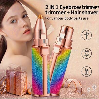 2 In 1 Electric Hair Remover & Eyebrow Trimmer For Women, Painless USB Rechargeable Facial Epilator With LED Light & Replaceable Heads, Portable Bling Glitter Lipstick Style Hair Removal Tool For Full Body Face Lip Armpit Leg Bikini Line