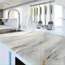 1pc White Marble Pattern Waterproof Self-Adhesive Sticker, Oil-Proof Easy Clean Kitchen Cabinet Countertop Splash Guard Sticker, Removable Wall Sticker, Wallpaper, Spring Home Decor, Holiday Decoration Sticker Gift Birthday Graduation - Platinum 107 - View 5