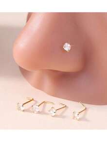 Set de 4 pares, Pendientes de nariz de Zirconia cúbica grado AAA blanca de 1.5-3mm, con forma de hueso, en forma de L, anillos de nariz en espiral, unisex, accesorios simples para perforación de nariz. - oro - Ver 8