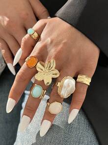 7pcs Vintage Elegant Bohemian Casual Women's Baroque Irregular Pearl Colorful Gemstone Flower Line Water Drop Heart Open Ring Set, Suitable For Women's Daily, Party, Beach, Date And Other Occasions, Perfect Gift Choice For Holidays - Gold - View 4