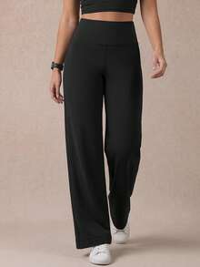 1 pieza Pantalones rectos casuales de cintura alta de color negro sólido y simple para mujer, con bolsillo oculto multifuncional en la parte trasera de la cintura, cómodos y elásticos, adecuados para danza, yoga, pilates, ocio al aire libre, primavera/otoño/verano - Negro - Ver 4