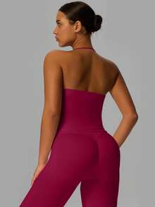 Yefecy New Impact Sports Yoga Tank Top, Women Fitness Yoga Shirt, Sports Wear, Backless Pleated Built-In Bra Cup Top Spring - Màu Đỏ Sâu - Xem 2