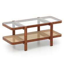2-Tier Rustic Coffee Table With Storage Tempered Glass Tabletop PE Rattan Shelf Brown - Brun - Visa 9
