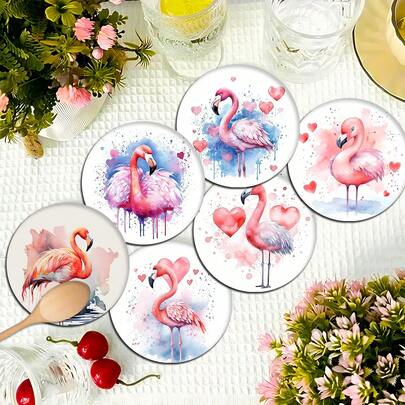 Bộ 6 đế lót ly họa tiết chim hồng hạc, lót tách trà, lót cốc nước, lót ly rượu vang, lót tách cà phê, đế lót ly tròn thấm hút bằng silicon, trang trí nhà cửa, thích hợp cho quán cà phê, nhà bếp, tiệc tùng, quà tặng bộ đồ ăn, dùng được quanh năm.