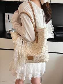 2026新款蕾丝蝴蝶结托特包，女士大容量手提包，单肩包，简约通勤包 - 白色 - 查看 4