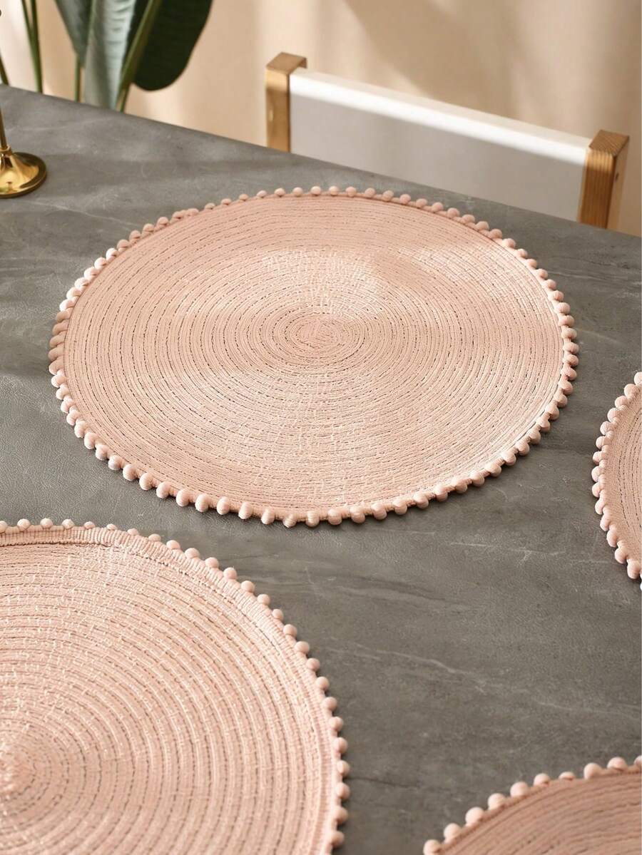 1pc Natural Material Minimalist Cute Ball Edge Spiral Heat Insulation Placemat, Suitable For Home, Kitchen, Restaurant, Hotel, Farmhouse, Holiday Celebration, Wedding, Party, Birthday Banquet Table Decor - Pink - View 1