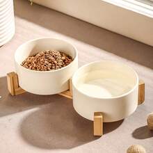 Bộ bát ăn và uống bằng gốm sứ cho chó và mèo, kèm chân đế gỗ, chống trượt, lớp men mờ, có trọng lượng, phù hợp cho mèo và chó nhỏ. - 550ml - Xem 1