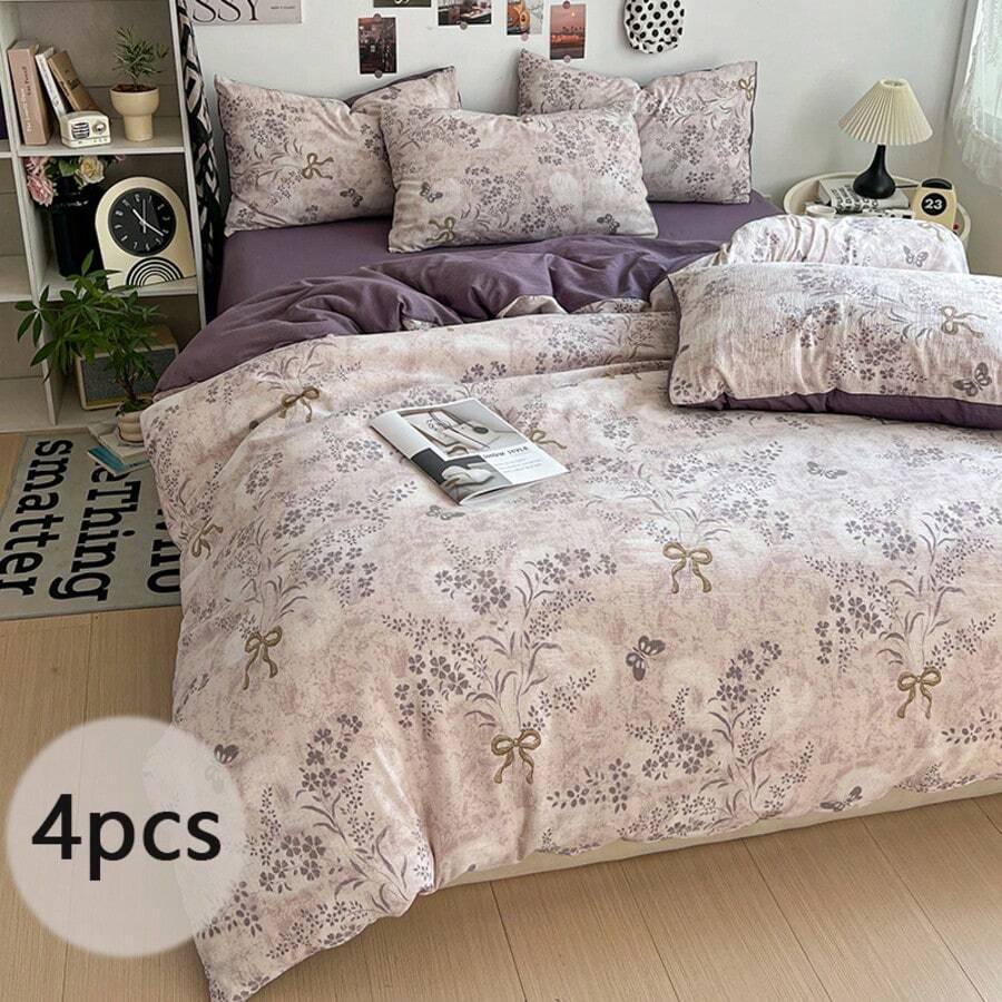 4pcs Bedding Set, Purple Ditsy Floral, Bowknot Duvet Cover, Soft & Breathable Polyester Bedding Set, Vintage French Romantic Botanical Floral Decor, Featuring Elegant Purple Flowers & Butterflies, Suitable For All Seasons, Includes 1 Duvet Cover (No Filling), 1 Bed Sheet, 2 Pillow Shams (No Filling) - Mauve Purple - View 1