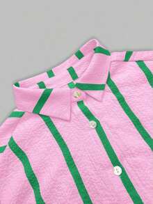Women's Pink Striped Loose Chiffon Shirt, Elegant Cardigan Casual Blouse, Commuter Fashion Suitable For Dates, Spring/Summer - 粉紅色和綠色條紋 - 查看 6