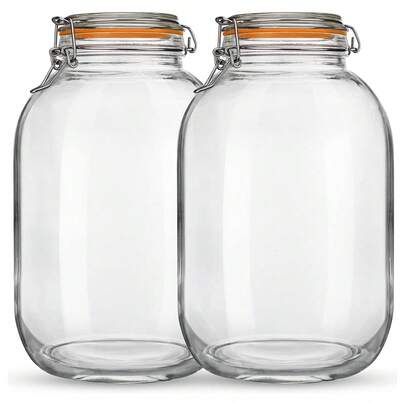 2pcs 1 Gallon Wide Mouth Glass Jars With Airtight Lids & Orange Rubber Gaskets - Hinged Design For Fermenting, Canning, Preserving, And Food Storage - Includes Replacement Silicone Seals, Jar Sealers For Food Storage
