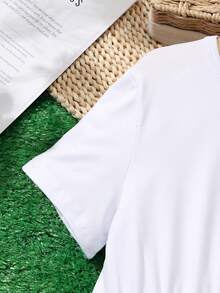 女童水墨印花拼接圆领短袖休闲连衣裙，适合年龄稍大的女孩。 - 白色 - 查看 5