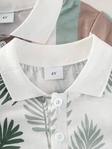 4 pièces/set Jeune garçon Polo rayé à la mode T-shirt, T-shirt à imprimé feuilles tropicales et ensemble de shorts assortis, décoré d'un emblème blanc, style décontracté élégant, convient pour un port quotidien - Multicolore - Voir 3