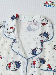 SANRIO 授权女士两件套睡衣套装，夏季短袖翻领开衫配蝴蝶结短裤，可爱家居服睡衣套装 - 杏色 - 查看 3