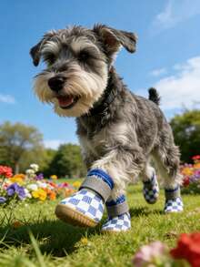 Breathable Mesh Checkered Pet Shoes, Anti-Slip Rubber Sole Dog Boots With Adjustable Straps, Summer Paw Protection For Small Medium Dogs Cats - Blue - View 1