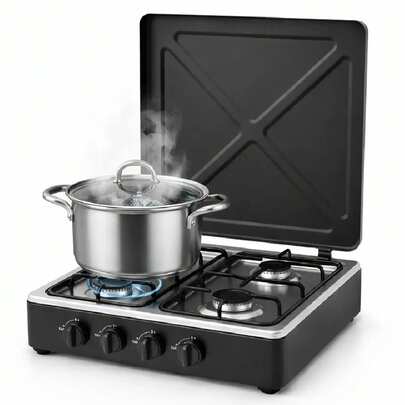 Bakaji Piano Cottura da Campeggio a Gas con Coperchio e Quattro Fuochi, Fornellone da Cucina a 4 Bruciatori, Griglia in Acciaio Rinforzato, Regolazione della Fiamma, Ideale per Balcone, Campeggio