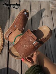 Thick Bottom Cork Slide Sandals Breathable Adjustable Buckle Non‑Slip Wear-Resistant Indoor Outdoor Slippers - Brown - View 4