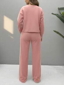 2pcs/Set Women Casual Round Neck Heart Pattern Long Sleeve Top And Pants Suit, Autumn/Winter Spring - Pink 2 - View 5
