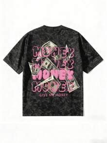 Y2K 美金印花 T-Shirt，大膽街頭風短袖，經典水洗效果 - 黑色 - 查看 3
