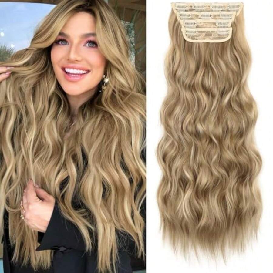 Clip in Synthetic Hair Extensions Long Wavy 4PCS Thick Hairpieces Light Brown mix Golden Blonde Fiber Double Weft Natural Hair Extensions 24 Inch for Women - Mezcla de castaño claro y rubio dorado - Ver 1