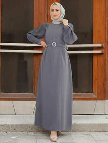 Modest Women's Grey Pleated Puff Sleeve Maxi Abaya With O Ring Belt Islamic Formal Long Spring - Grey - View 2