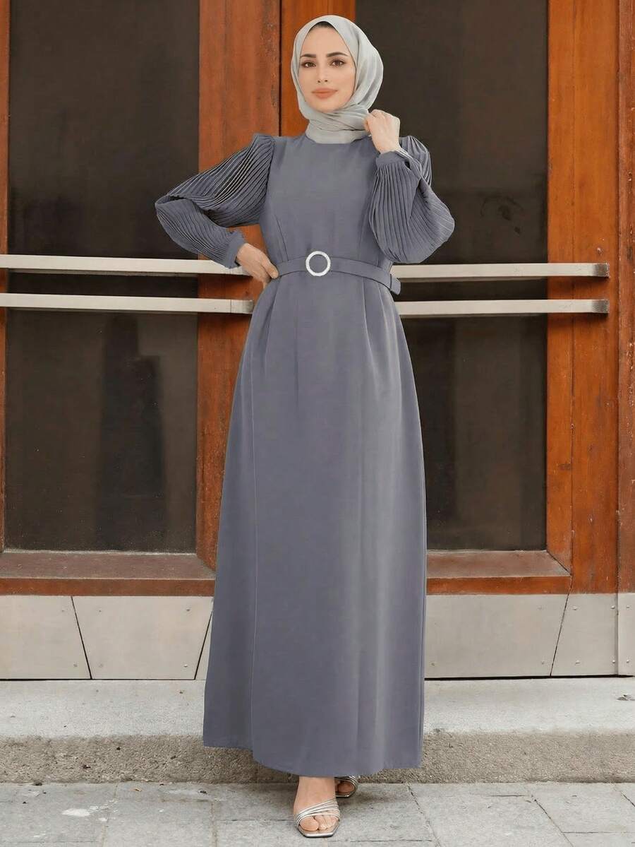 Modest Women's Grey Pleated Puff Sleeve Maxi Abaya With O Ring Belt Islamic Formal Long Spring