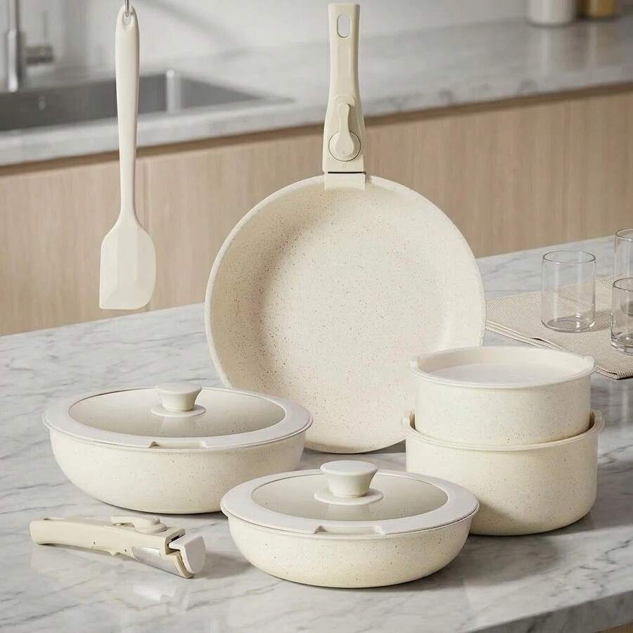 12-Piece Pots And Pans Set,Nonstick Cookware Set With Detachable Handle, Dishwasher & Oven,White - 查看 1