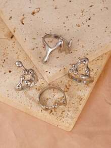 4pcs Creative Water Drop Design Stackable Geometric Rings Set For Women, Daily Wear, Parties, Gifts - Silver - View 2