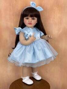 55厘米全身软胶重生女婴娃娃，逼真22英寸公主造型长发幼儿娃娃，浴缸玩具，可爱生日礼物 - 藍色 - 查看 2