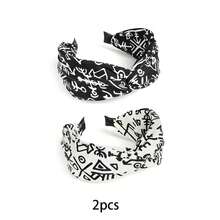 2 piezas Diademas bohemias de lunares blanco y negro, accesorios para el cabello elegantes con estampado de patrones geométricos anchos para mujeres, banda para el cabello, aro para el cabello, verano, vacaciones, viaje - Multicolor - Ver 2