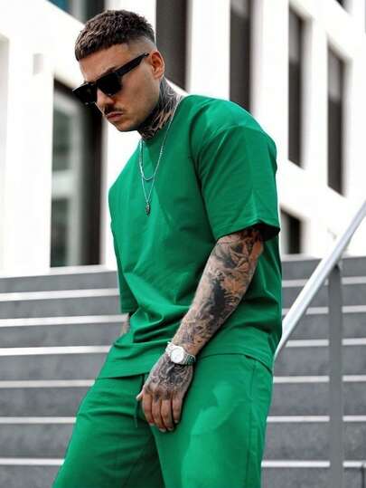 男士纯色低弹力简约夏季百搭轻薄宽松透气短袖T恤，运动上衣