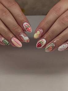 24pcs Strawberry Cactus Nail Sticker Set, Short Oval Cute Fake Nails, Vibrant Summer Fruit Style. Create 3D Strawberry, Cactus, Little Yellow Chick And Rainbow Stripe Patterns On Pink/White Base. Glossy Texture, Short Oval Fake Nails. Suitable For Summer, Daily Commute, Party, Work And Other Occasions! - Multicolor - View 8