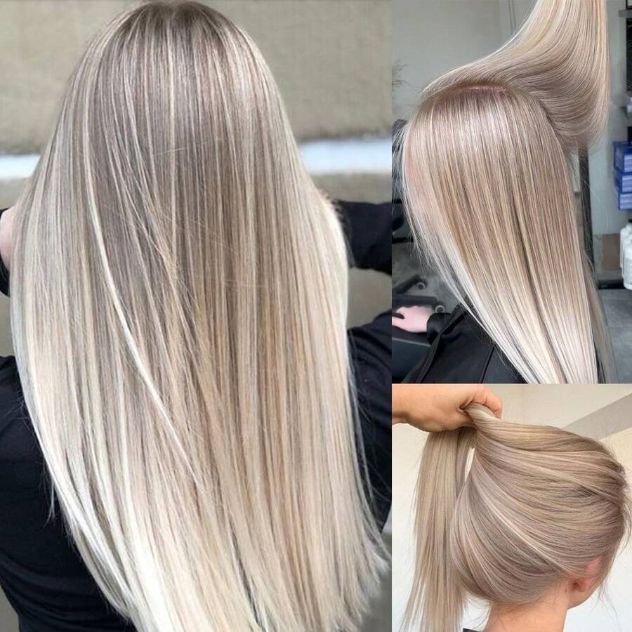 13x4 Super HD Transparent Lace Front Wig, Moonlight Mist Gray-Gold Ombre Brown, 100% Human Hair, 180% Density, Plug And Play, No Glue Needed, Long Straight Hair, Dark Roots, Gray-Gold Brown, 22 Inches