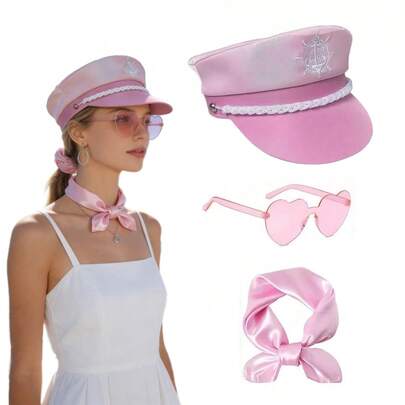 1/3pcs Yacht Vacation Style Pink Sailor Captain Hat With Scarf, Heart-Shaped Sunglasses, Carnival Festival Cosplay Party Accessories, Women Fashion Basic Navy Hat Set
