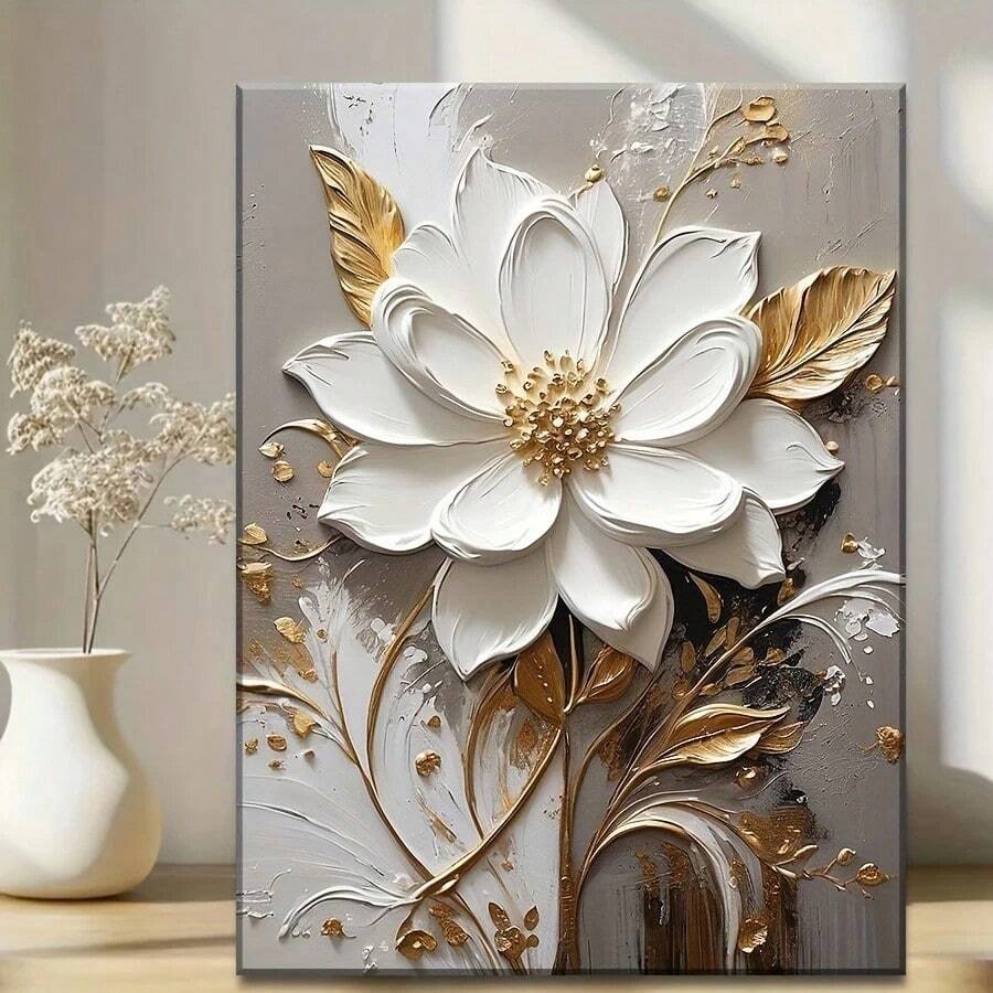 1pc No Frame Wall Art Poster Modern, Golden Leaves & White Blossom High-Definition Printed Painting, Creative Floral Canvas Art, Modern Abstract Flower Wall Hanging, Fashion Theme, For Thanksgiving, Halloween, Christmas, New Year, Ideal For Living Room, Bedroom, Hallway, Office, Bar, Restaurant, Bookstore, Cafe Wall Decor - A - View 1
