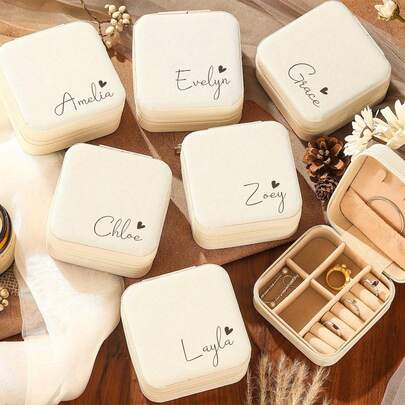 Personalized Name And Heart-Shaped Jewelry Box - Custom Beige Bridesmaid Jewelry Box With Zipper Closure, Lined Fabric And Compartments, Elegant Travel Jewelry Organizer, Suitable For Bridesmaid Proposal Gifts |   Elegant Jewelry Box |   Zipper Closure Box, Bridesmaid Gift, Jewelry Box
