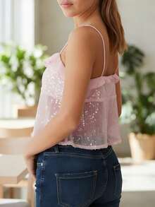 Camiseta sin mangas para mujer, elegante, con lentejuelas, escote en V y tirantes finos. - Rosa - Ver 2