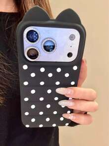 Cartoon 3D Full Screen Polka Dot Cat Ear Phone Case, Silicone Protective Cover For IPhone 17 Pro Max, 16, 15, 14, 13 Pro Max, Personalized Soft Case Compatible With Iphone 16 Pro Max, 15 Pro, New 17 Pro, - White - View 1
