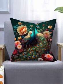 1/4Pcs, Vintage-Style Peacock Oil Painting Velvet Throw Cushion Covers Woven Polyester 17.7X17.7 Inch, Zippered, Geometric-Patterned For Sofa And Home Decor, Machine Washable - Multicolor - View 2